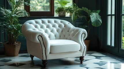 Poster - Elegant white tufted armchair positioned in a bright room with large windows, surrounded by lush greenery and decorative plants, home decor, interior design, hospitality setting.
