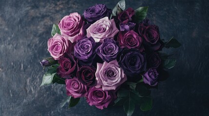 Poster - Elegant bouquet of purple and lavender roses on a dark textured background showcasing beauty and sophistication in floral arrangements
