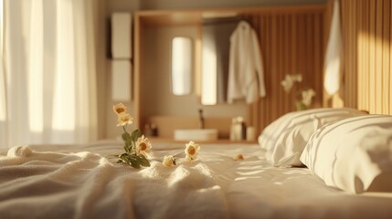 Poster - Contemporary hotel bedroom interior with natural light minimalist decor and floral elements for a serene atmosphere