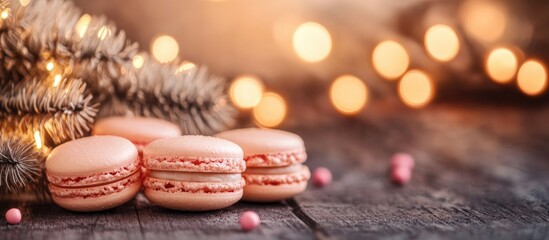 Aufkleber - Macarons beautifully arranged with festive lights and a warm rustic backdrop creating a cozy holiday atmosphere