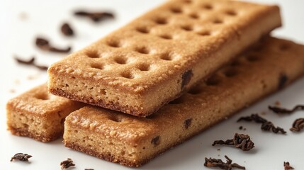 Poster - Green tea flavored biscuit sticks stacked on a white background with loose tea leaves for a fresh and inviting snack concept