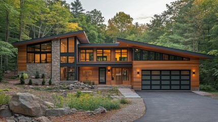 Poster - Elegant Contemporary Home Surrounded by Nature Featuring Glass Facade and Wood Accents
