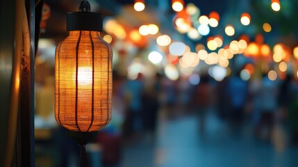 Poster - Festive Lantern Illuminated Against Colorful Bokeh Background in Lively Night Market Scene