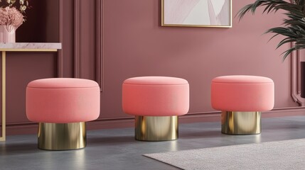 Poster - Modern interior design featuring elegant upholstered stools in a stylish pink hue against a sophisticated backdrop.