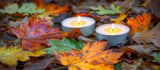 Poster - Natural autumn decor featuring aged dry maple leaves and cozy candlelight ambiance for seasonal holiday celebrations.