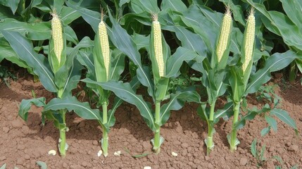 Poster - Vibrant green corn plants showcasing developing cobs in a rich agricultural field under natural sunlight.