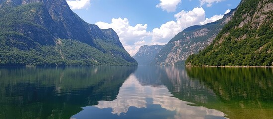 Aufkleber - Serene lake reflecting majestic mountains under a blue sky with fluffy clouds in a tranquil natural landscape scene