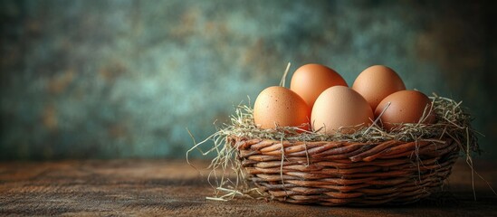 Poster - Fresh farm eggs nestled in a rustic woven basket with hay on a wooden surface and textured background