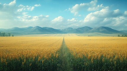 Aufkleber - Golden wheat field under a scenic blue sky with fluffy clouds and distant mountains creating a serene agricultural landscape.