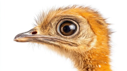 Poster - Ostrich doll head close-up on a white background showcasing vibrant colors and detailed feathers for a playful decorative accent