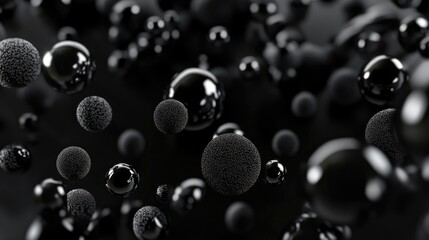 Poster - Abstract composition of black activated carbon granules in a three-dimensional space showcasing textures and varying sizes on a dark background