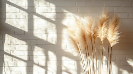 Aufkleber - Pampas grass arrangement on a white brick wall with soft shadows enhancing trendy interior decor atmosphere