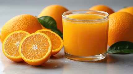 Aufkleber - Freshly squeezed orange juice with whole oranges and sliced segments on a bright white background showcasing vibrant colors and freshness.
