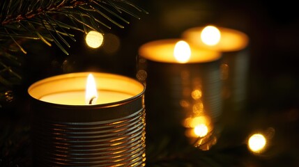 Aufkleber - Cozy interior with DIY candle jars decorated for Christmas featuring warm candlelight and festive garlands.