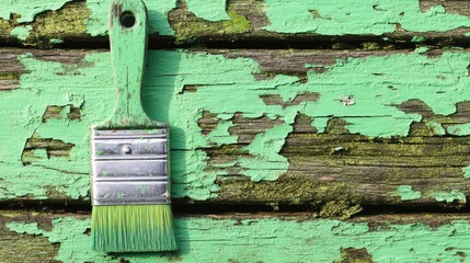 Poster - Green paintbrush on weathered wood surface with peeling paint, perfect for DIY projects and home renovation themes, copy space available.