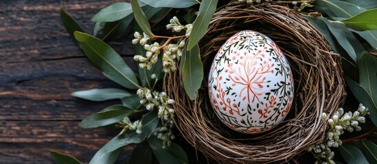 Aufkleber - Decorated Easter egg nestled in a natural nest surrounded by greenery and delicate flowers on a rustic wooden background