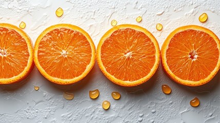 Poster - Sliced fresh orange halves arranged on a textured white background with drops of juice highlighting their vibrant color and freshness.