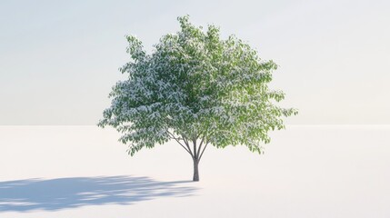 Poster - Lone tree with lush green leaves standing against a bright white background in a serene and minimalist landscape scene