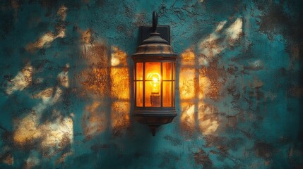 Aufkleber - Vintage lantern casting warm light and intricate shadows on a textured wall creating a cozy atmospheric ambiance