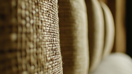 Poster - Woven texture of a fabric sofa highlighting natural fibers and wooden elements in a modern interior design setting.