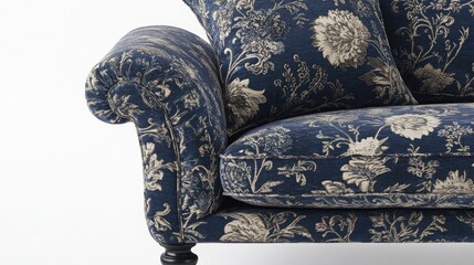 Poster - Elegant vintage floral patterned sofa with decorative pillow in contemporary living room setting showcasing sophisticated interior design.
