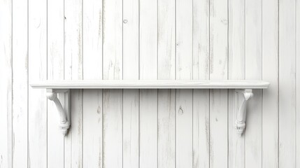 Poster - Modern white shelf against a textured natural wood wall showcasing minimalist design and vertical orientation in home decor.