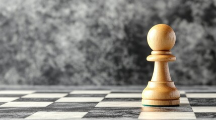 Poster - Close up of a wooden chess pawn on a chessboard with a blurred textured background representing strategy and gameplay