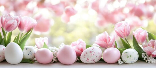 Poster - Fresh pink tulips and decorated Easter eggs in a vibrant spring setting with a soft blurred background of blooming flowers.