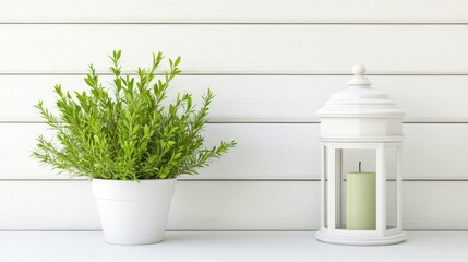 Poster - Scandinavian minimalism featuring white lantern candle holder and lush green plant on a sleek white table in a cozy interior setting