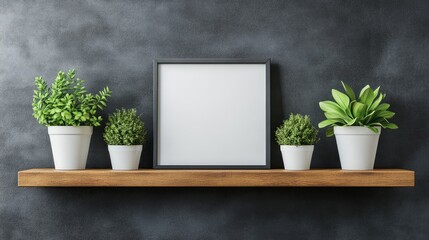 Poster - empty photo frame on wooden shelf surrounded by potted plants against grey wall for home decor and interior design concepts