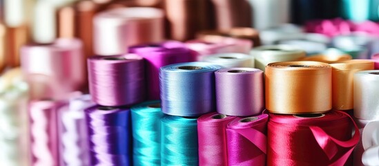 Poster - Colorful spools of thread arranged in a vibrant display showcasing various shades and textures ideal for crafting and sewing projects.