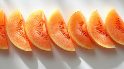 Poster - Freshly sliced melon pieces arranged neatly on a white surface showcasing vibrant colors and textures ideal for food-related visuals