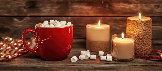 Aufkleber - Red cup filled with cocoa and marshmallows alongside candles and Christmas gifts on a rustic wooden background festive holiday atmosphere