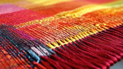 Poster - Vibrant close-up of woven fabric texture highlighting the intricacies of yarn in rich colors and patterns.