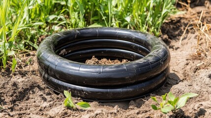 Protective Spring Hose Coiled on Ground for Garden Use Preventing Damage to Plants and Landscaping