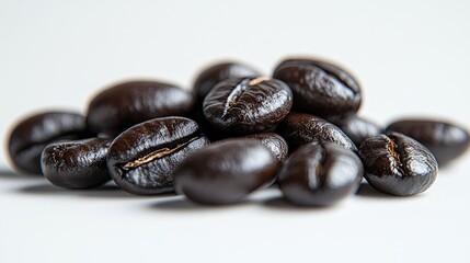 Aufkleber - Freshly roasted glossy black coffee beans arranged artistically on a light background showcasing their texture and richness.