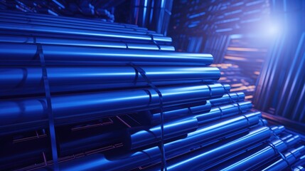 Aufkleber - Steel pipes illuminated by blue light creating a modern industrial background with a futuristic aesthetic and depth of field effects.