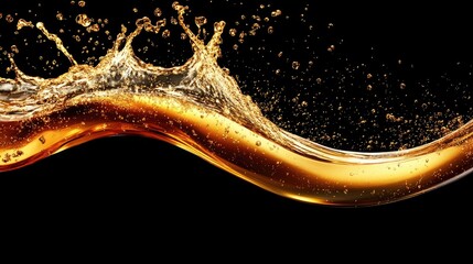 Poster - Dynamic splash of liquid with shimmering droplets on a dark background showcasing fluid motion and texture in high detail