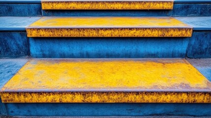 Leinwandbilder - Rustic steel staircase with vibrant yellow steps and textured blue background creating an industrial abstract pattern for design use