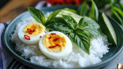 Poster - boiled eggs served on rice with spicy fish balls and green curry garnished with fresh herbs and lime for a flavorful dish