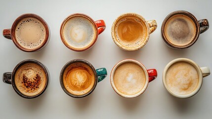 Poster - Assorted coffee cups arranged on a white background showcasing various coffee styles and textures in an inviting layout