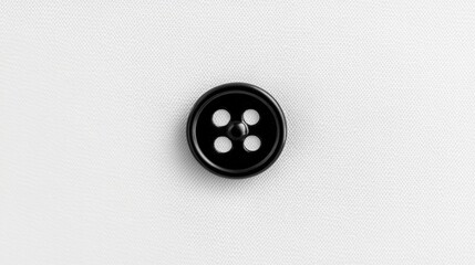 Poster - Black button with four holes on a clean white fabric background showcasing sewing and crafting themes in a minimalist design.