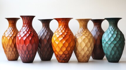 Poster - Colored decorative vases in various textures and finishes, arranged in a row against a neutral background, ideal for home decor, craftsmanship, art, aesthetics.