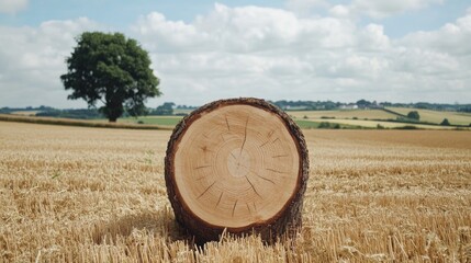 Poster - Sawn tree trunk in a picturesque rural landscape with rolling hills and a solitary tree in the background under a partly cloudy sky