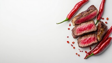 Poster - Sliced juicy roasted red meat steak served with vibrant chili peppers on a clean white background for gourmet food presentation