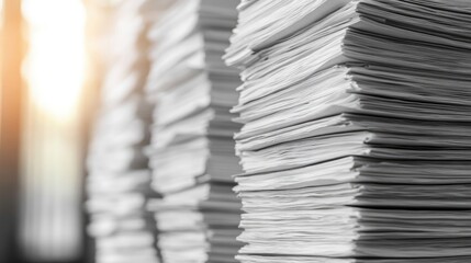 Poster - Stacks of white paper neatly arranged with soft natural light creating an artistic background effect