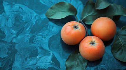 Poster - Fresh oranges with green leaves on a vibrant marbled surface composition showcasing natural textures and colors for culinary or lifestyle themes