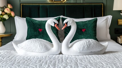 Poster - cozy bedroom with elegant swan decorations on a beautifully arranged bed with green accents and floral elements