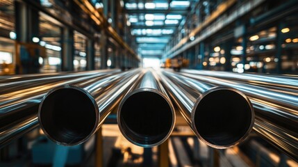 Poster - Stainless steel pipes arranged in an industrial factory setting showcasing modern manufacturing concepts and production lines.
