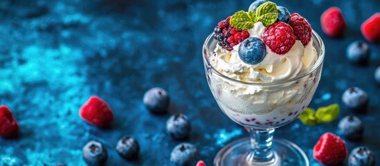 Poster - Delicious dessert with whipped cream and fresh berries in a glass bowl on a vibrant blue background. Perfect for indulgent occasions.